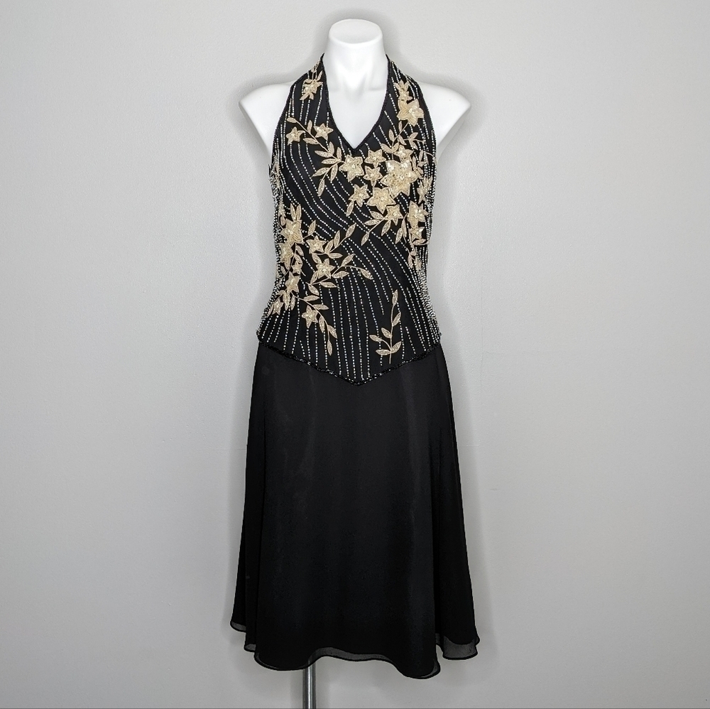 J Kara NY black tan floral sequin & bead embellished dress 6